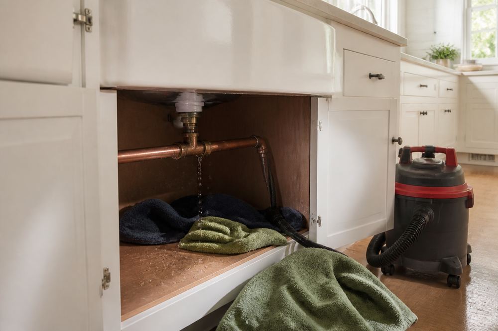 Burst pipe under a kitchen sink with towels and wet-vac cleanup in progress