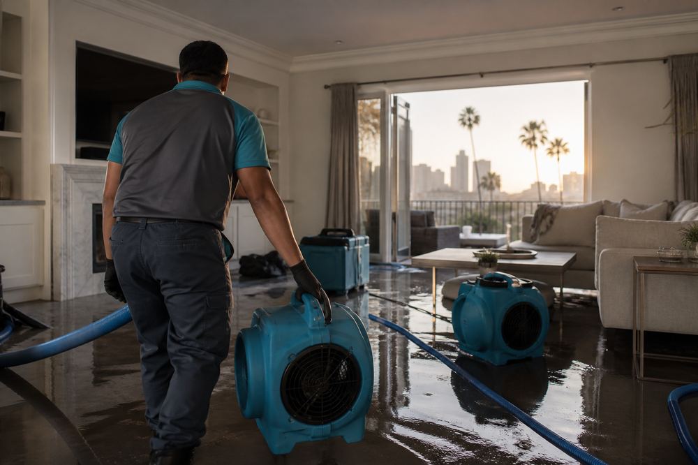 Emergency water damage response with air movers in a flooded Los Angeles living room — emergency guides for Greater Los