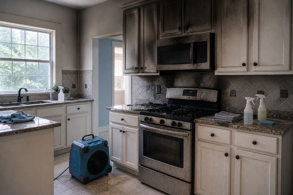 Kitchen after contained fire and smoke damage with HEPA air scrubber staged for cleanup