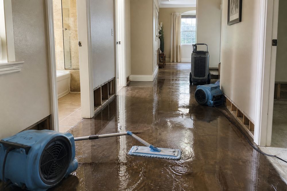 Flood cleanup in a residential hallway with drying equipment along the baseboards