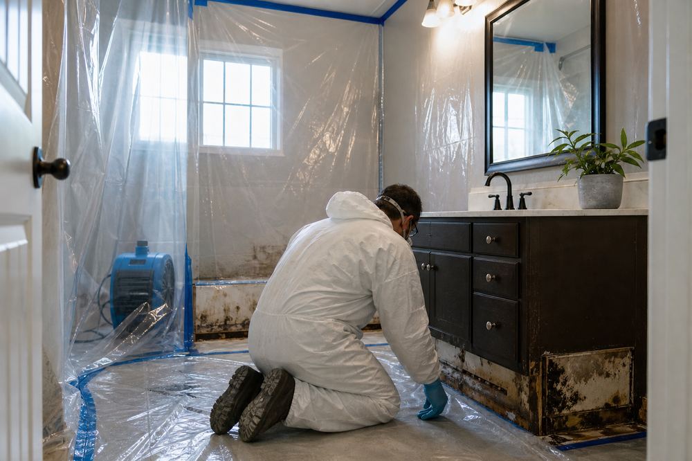Containment sheeting and PPE during mold remediation after water damage