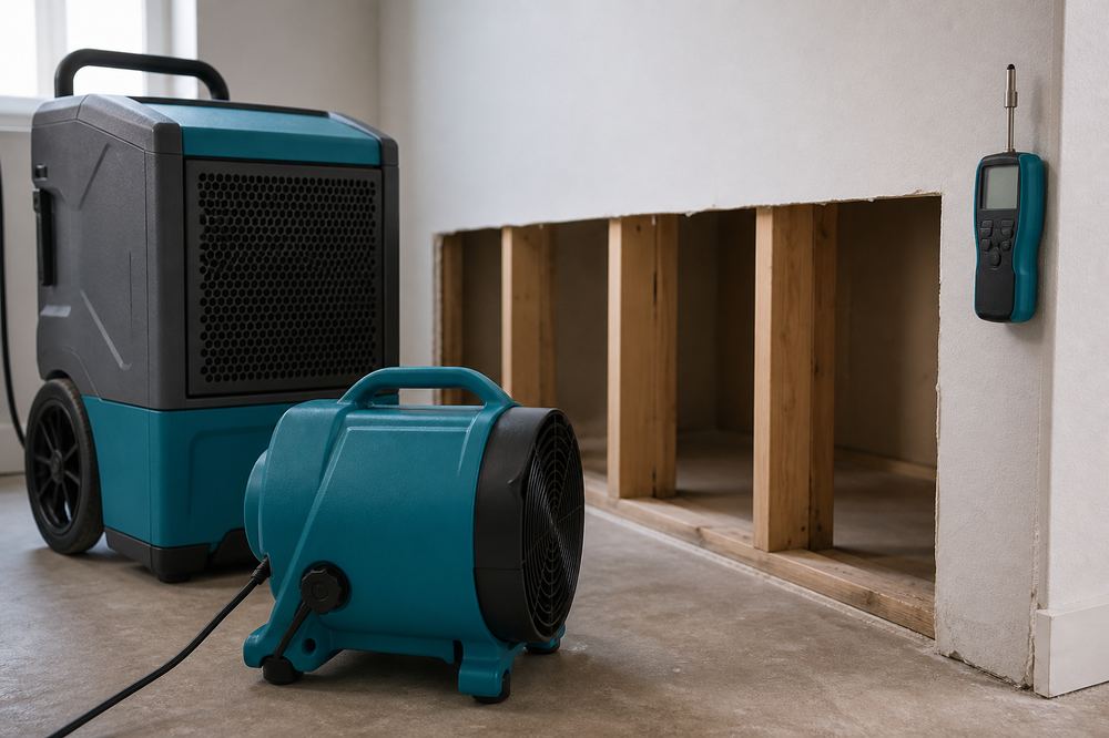 Structural drying setup with dehumidifier, air mover, and moisture meter on drywall