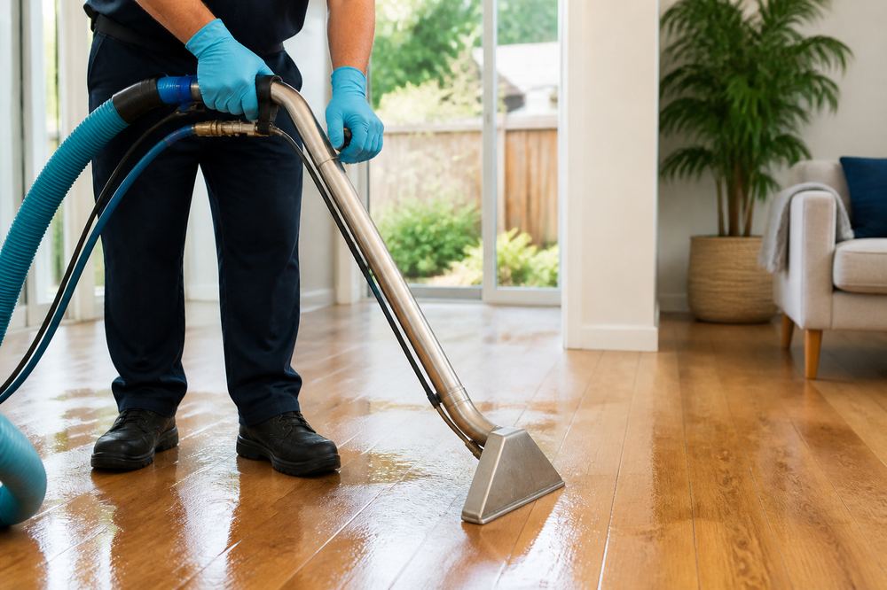 Technician extracting standing water from hardwood flooring with professional equipment
